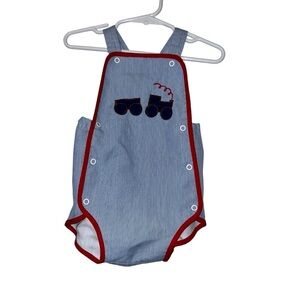 Vintage Blue Baby Romper with Train Design red trim * no size, read measurements